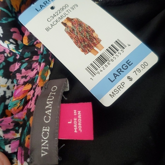 NWT Vince Camuto Tiered Floral Mini Dress Black Multi Colors Size L - Picture 7 of 8